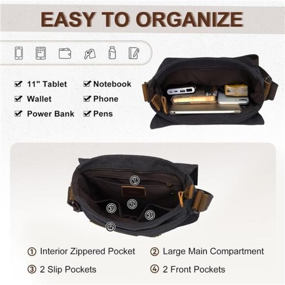 Small Messenger Bag, Vintage Canvas Leather Lightweight Crossbody Bag - Picture 4 of 7